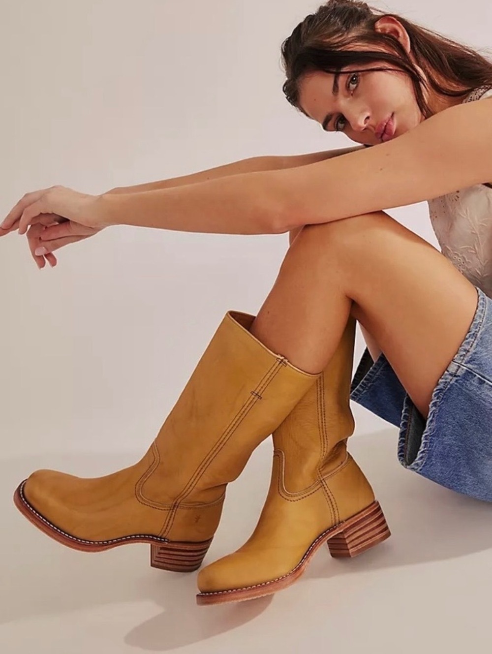 BRAND NEW Frye Camryn Genuine Leather Tall Pull On Campus Boots in Banana